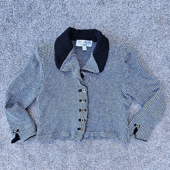 St John Black White Gold Houndstooth Plaid Knit Cropped Jacket Blazer Size 4 - Picture 1 of 16